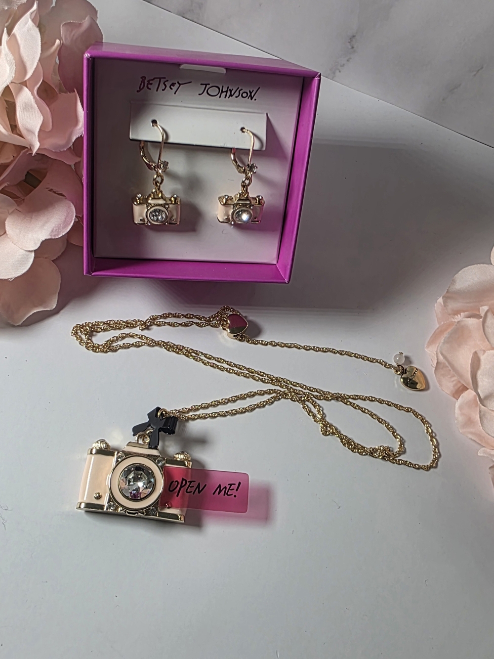 Betsey Johnson - Pink Camera Earrings & Necklace Set
